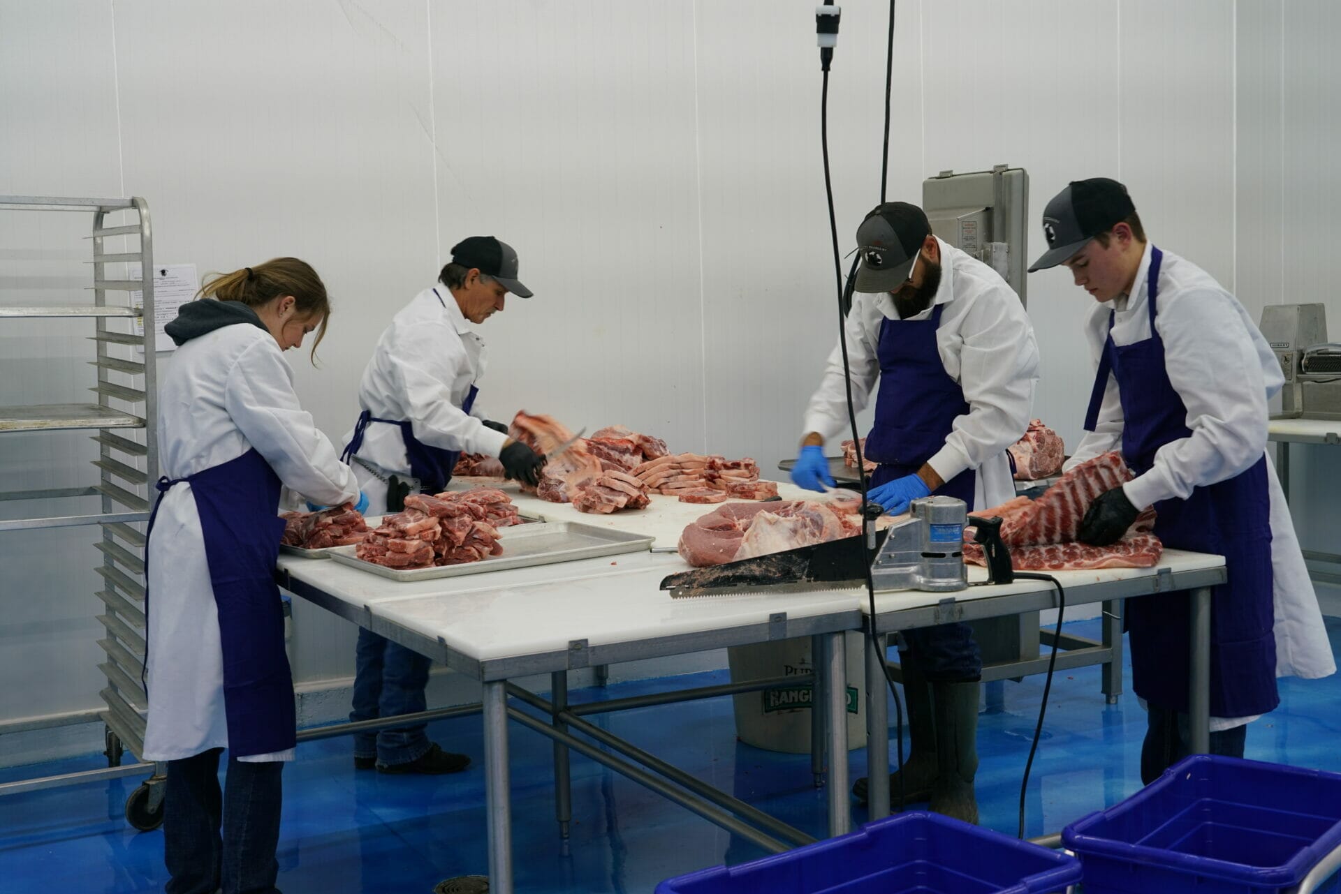 A picture of our custom meat processing team at 160 processing hard at work.